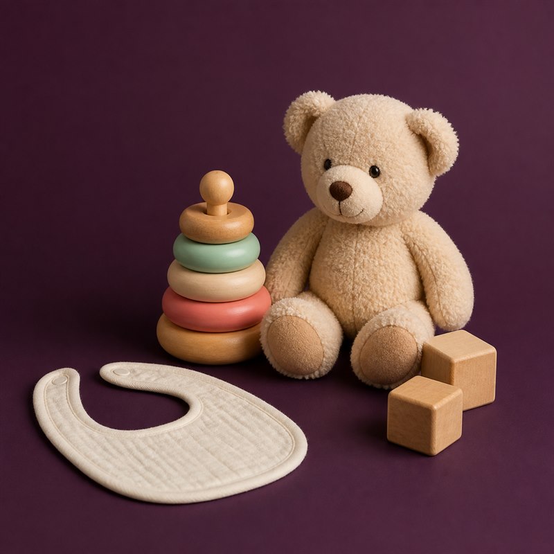 Pastel baby toys and teddy bear